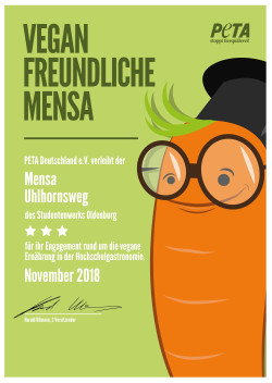 PETA Vegan Freundliche Mensa Urkunde 2018 Oldenburg